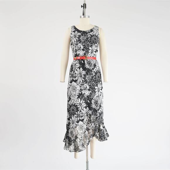 Vintage 90s Black and White Floral High Low Ruffle Maxi Party Dress Deadstock M - Picture 2 of 9